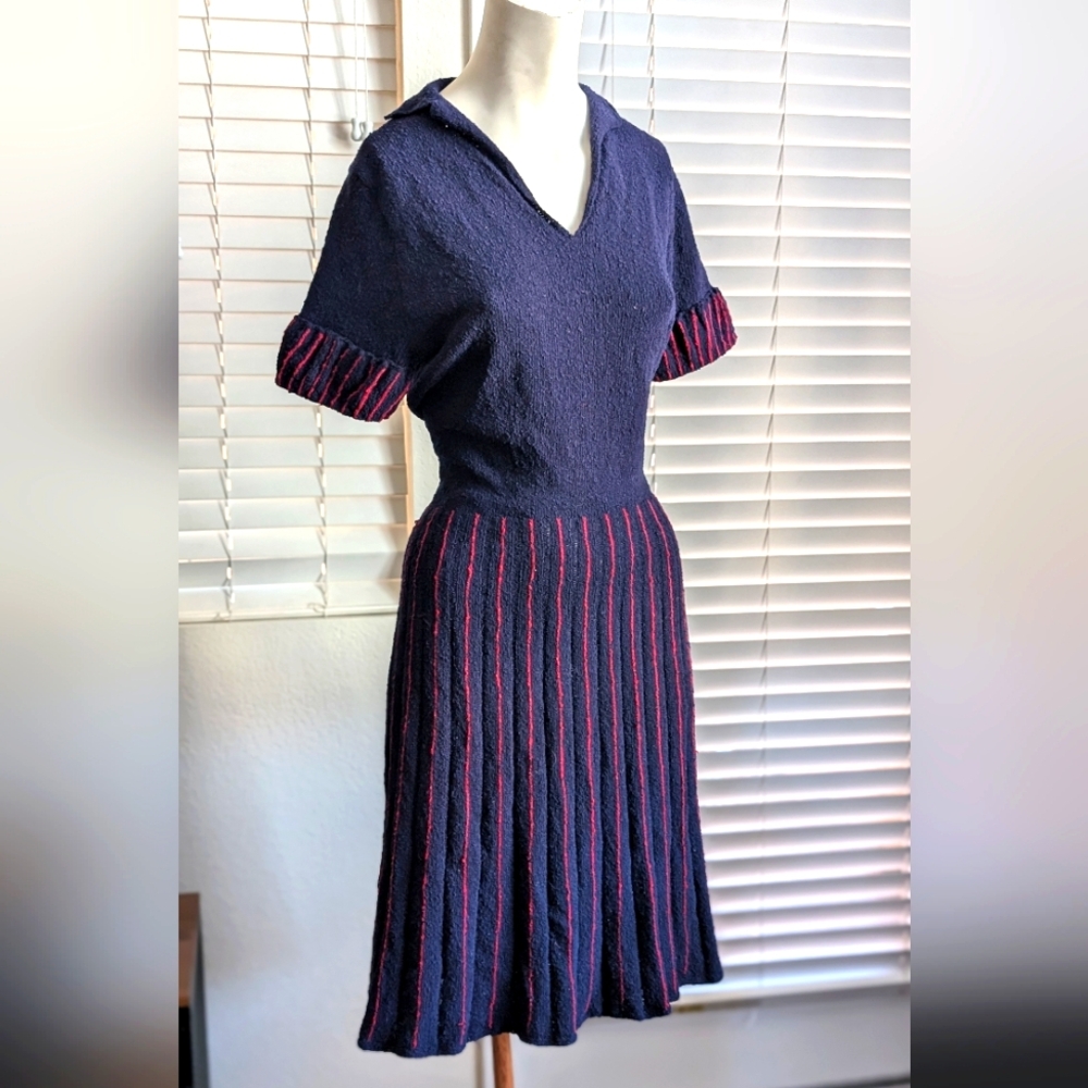 1940s Navy Blue Knit Sweater Dress